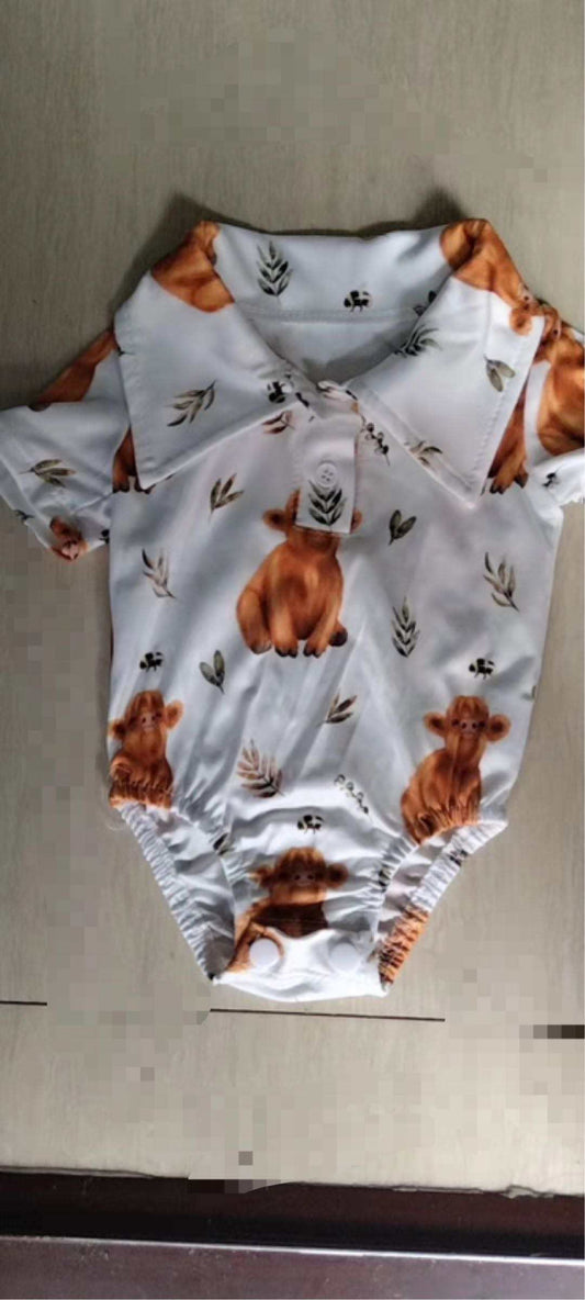 Highland Cow Print baby short sleeve romper with collar