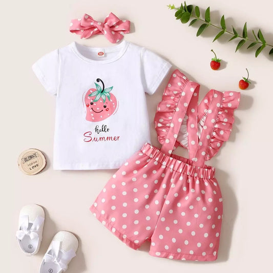 3 piece Short sleeve pink overalls with shirt and headband